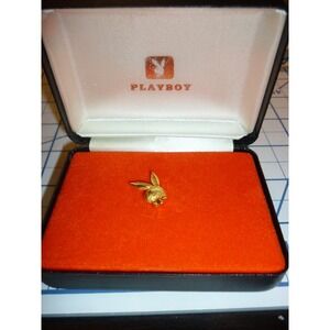 Vintage Playboy Bunny Head Lapel Pin Gold Tone Red Eye Original Box MCM 1970s